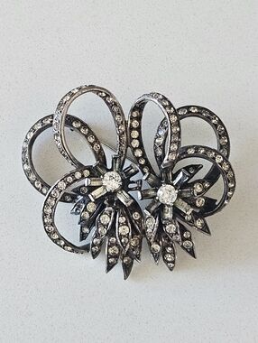 Antique French Sterling Silver Paste Diamond Floral Swirl Brooch Trumpet Clasp